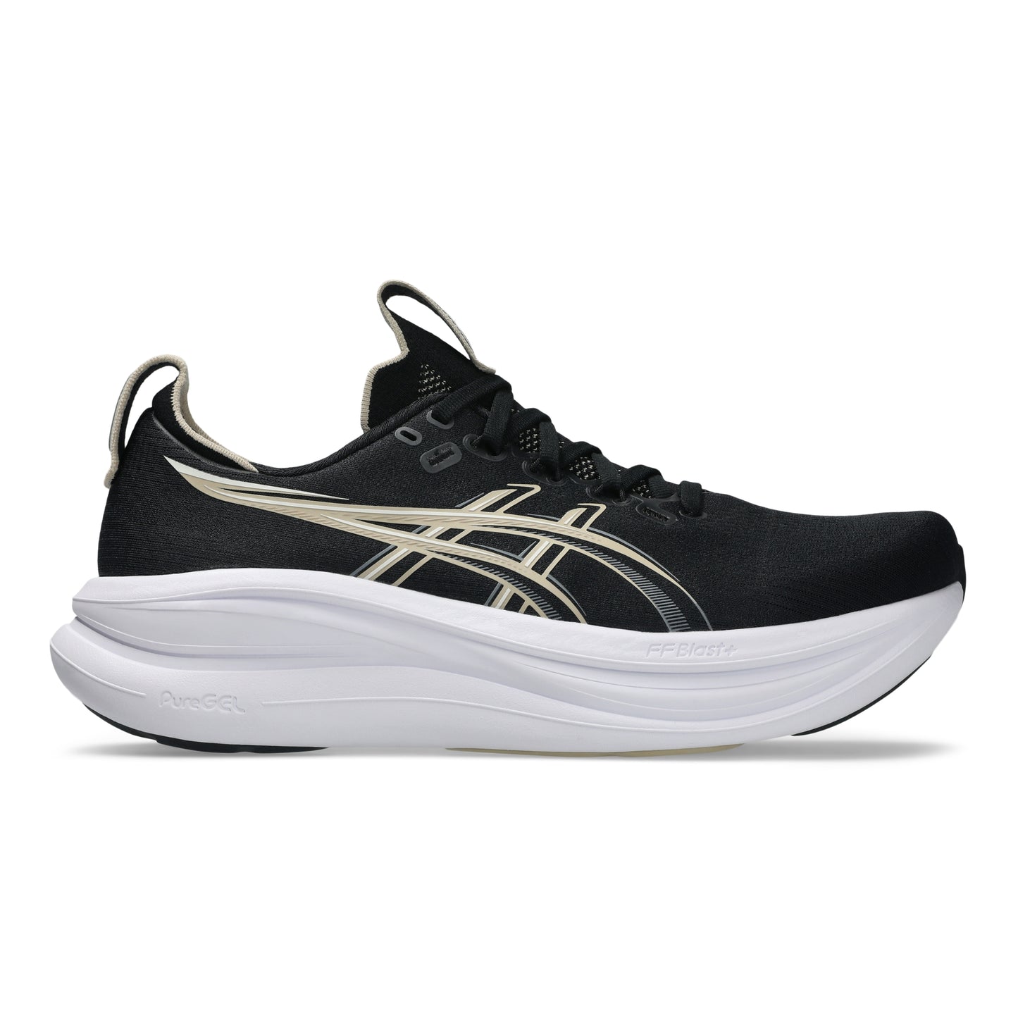 Black Asics running shoe with white sole on a white background