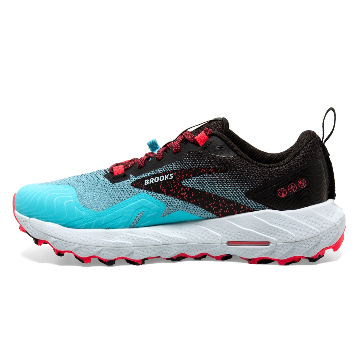 Brooks running shoe with black, blue, and red design on a white background