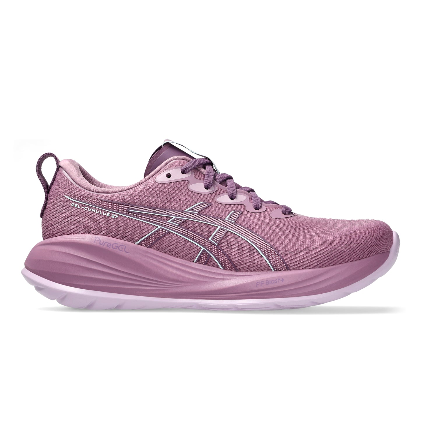 Pink Asics running shoe on a white background