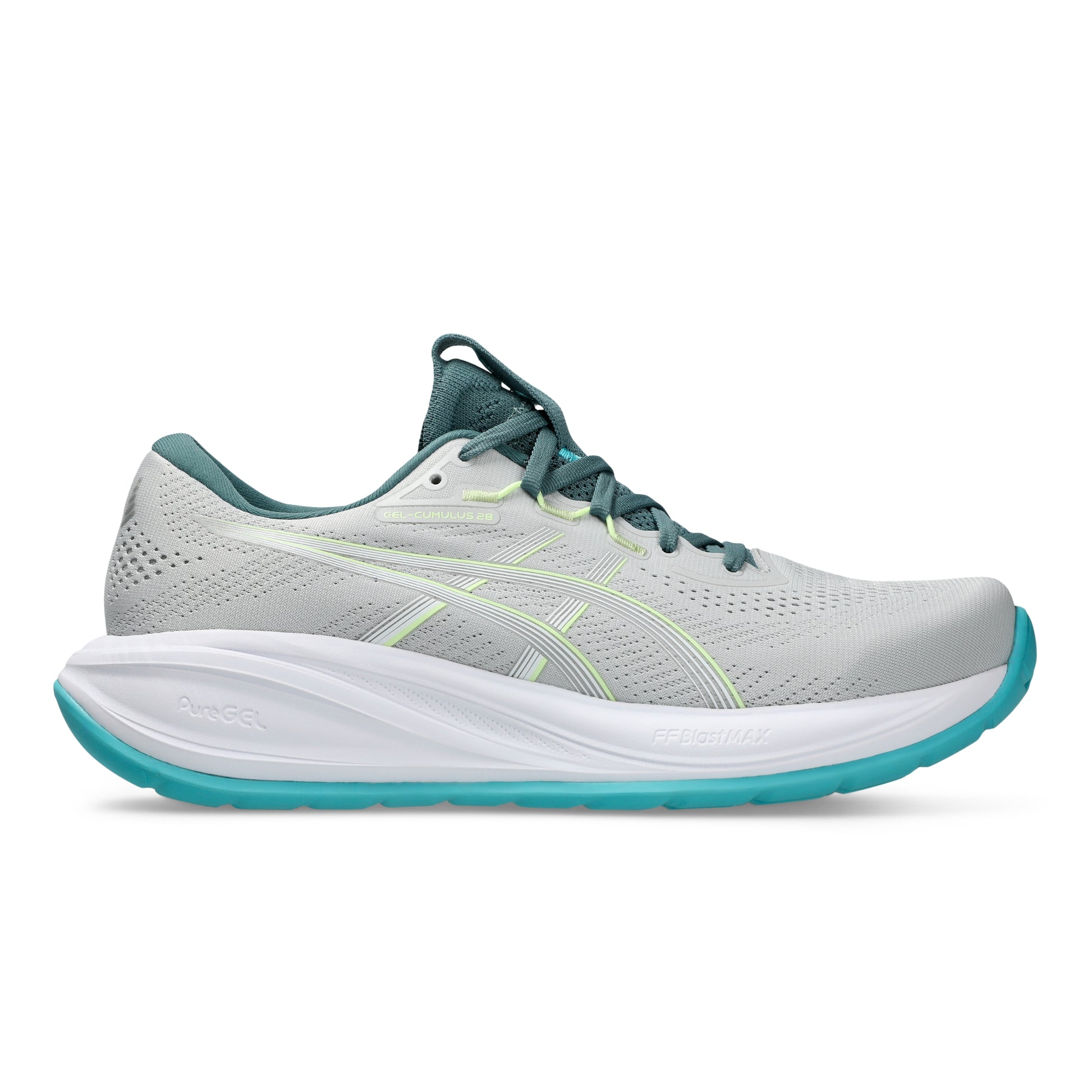 Gray Asics running shoe with green and blue accents on a white background