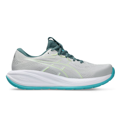 Gray Asics running shoe with green and blue accents on a white background