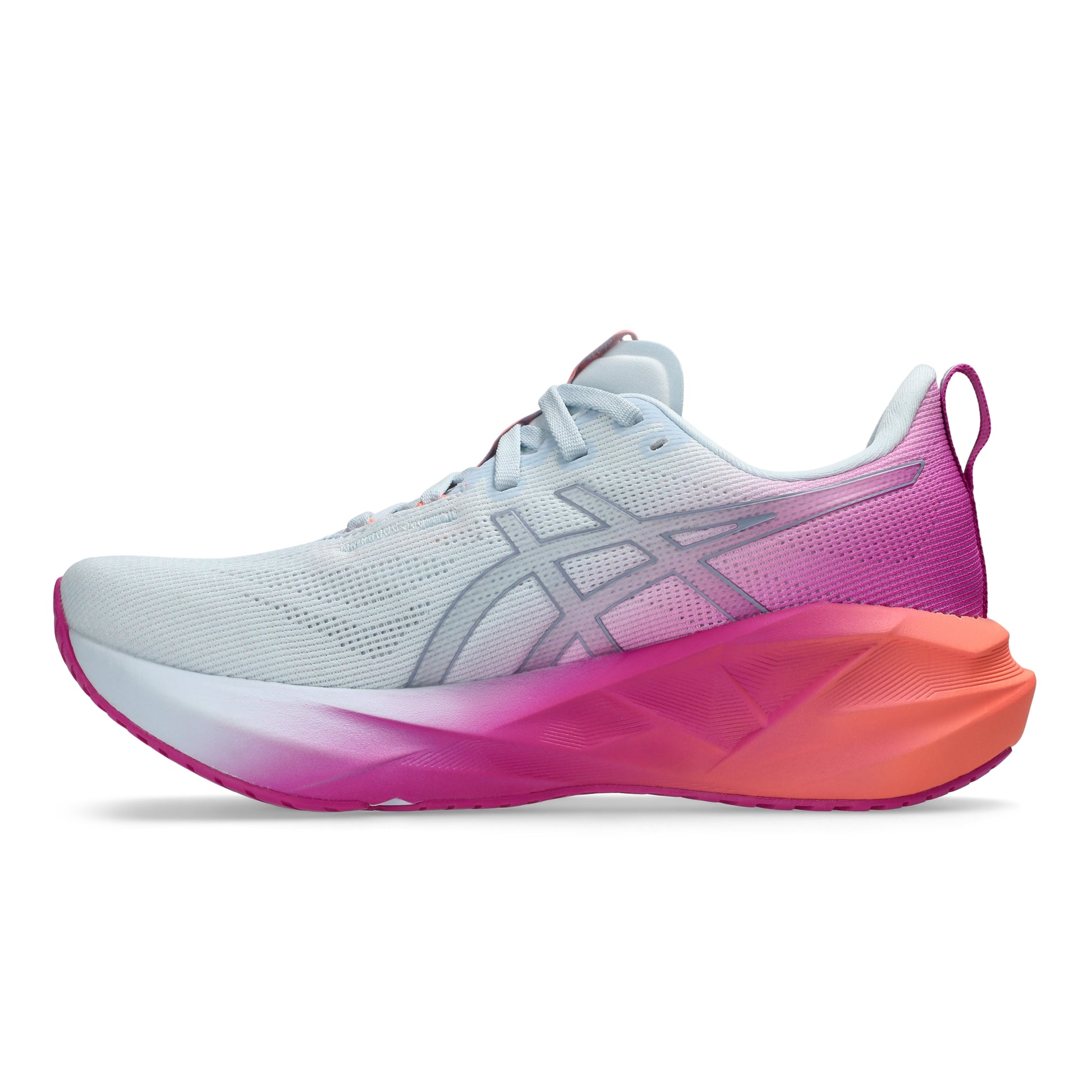 White and pink Asics shoe with coral accents on a white background