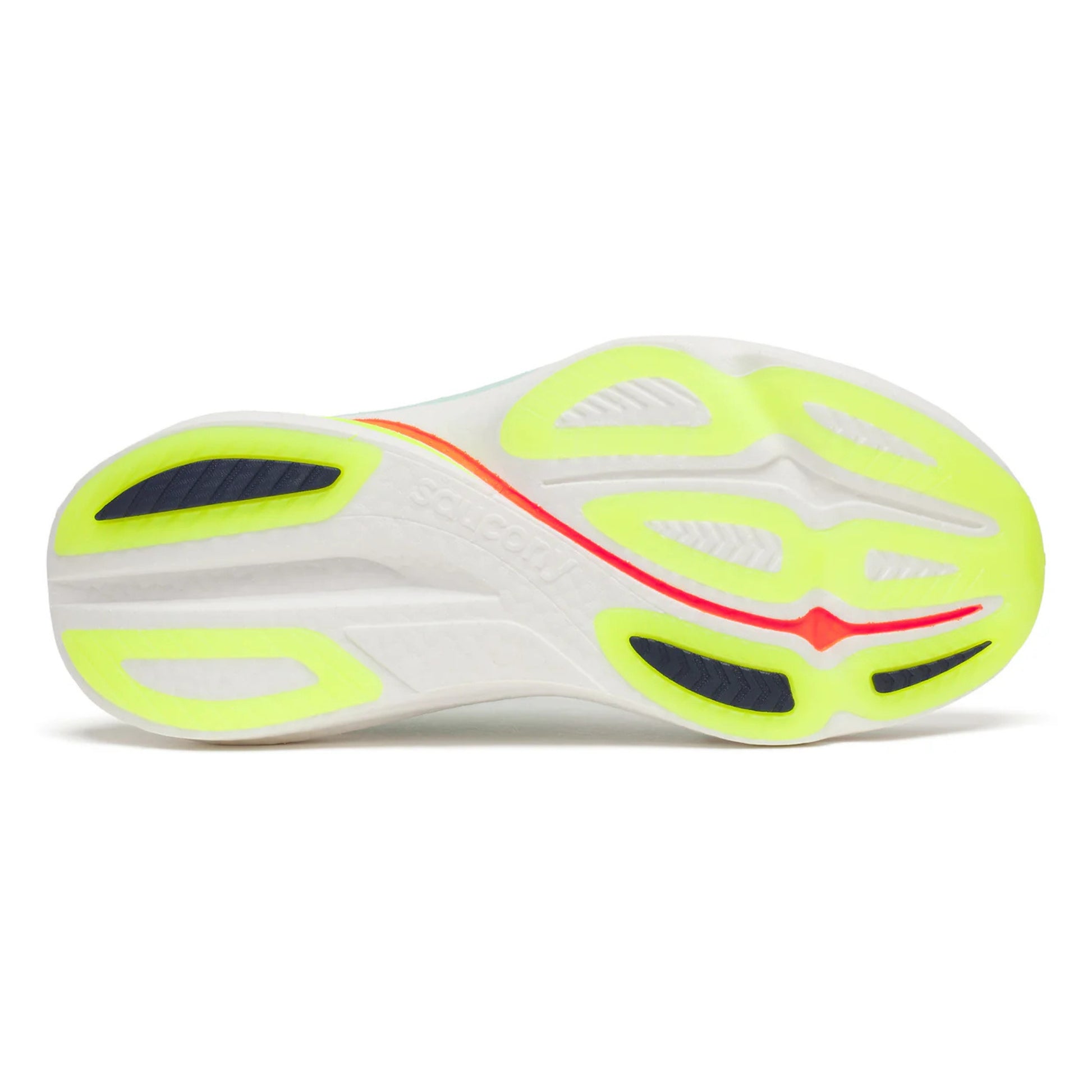 Close-up of a Saucony running shoe sole with bright yellow and white design on a white background