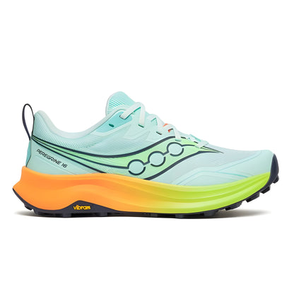 Light blue running shoe with orange and green sole on a white background
