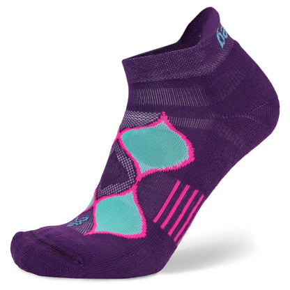 Purple Balega athletic sock with geometric pattern on a white background