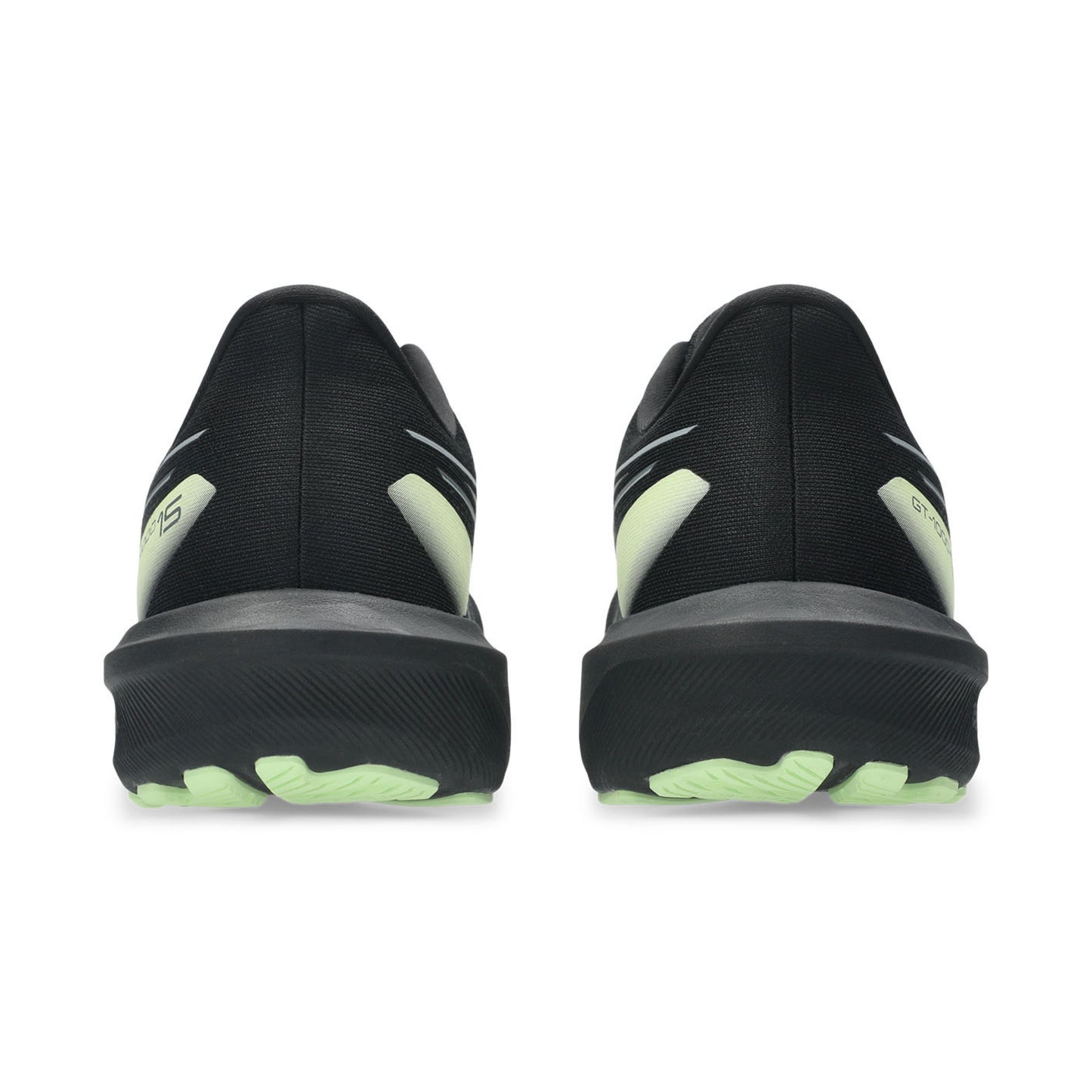 Black and yellow Asics running shoes with green accents on a white background