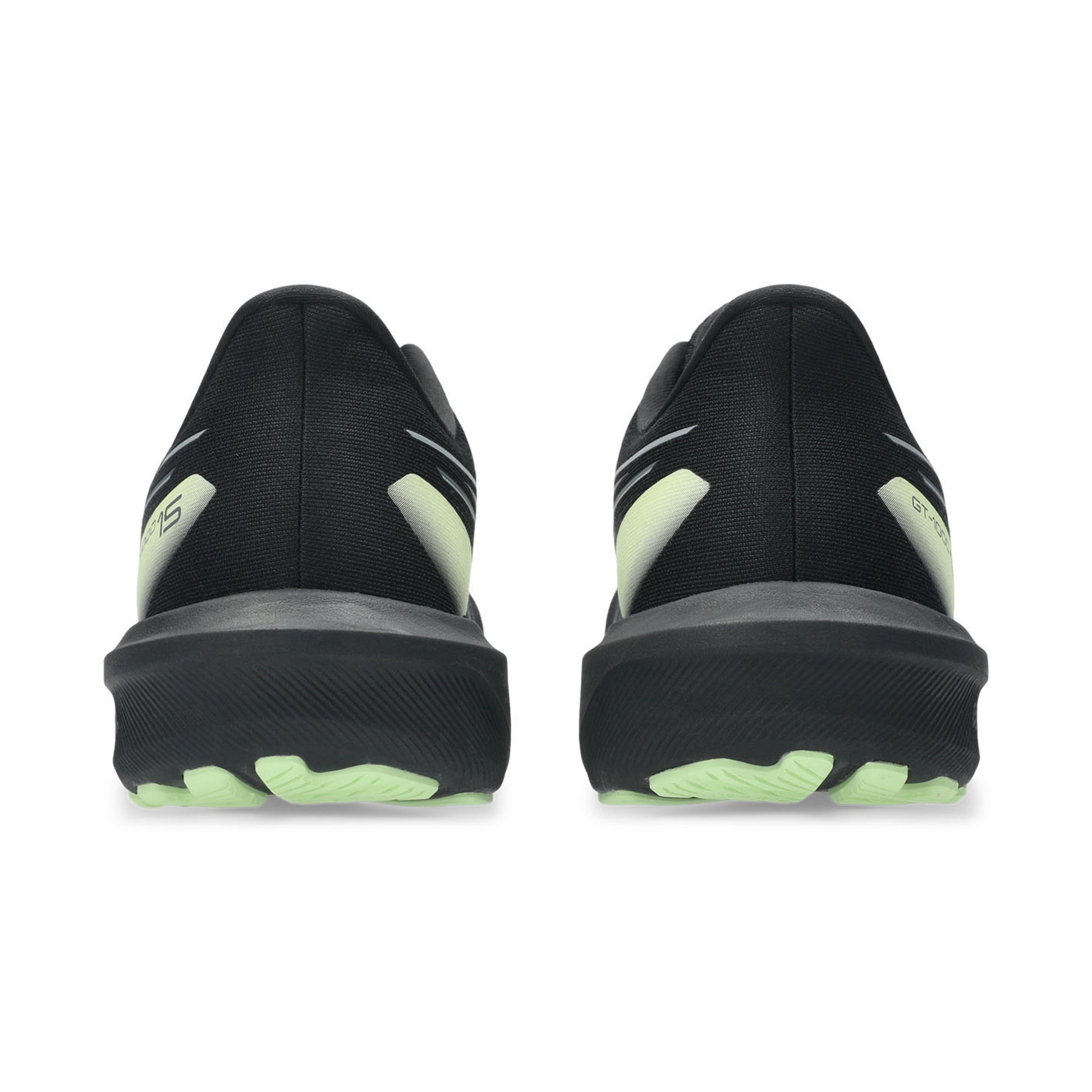 Black and yellow Asics running shoes with green accents on a white background