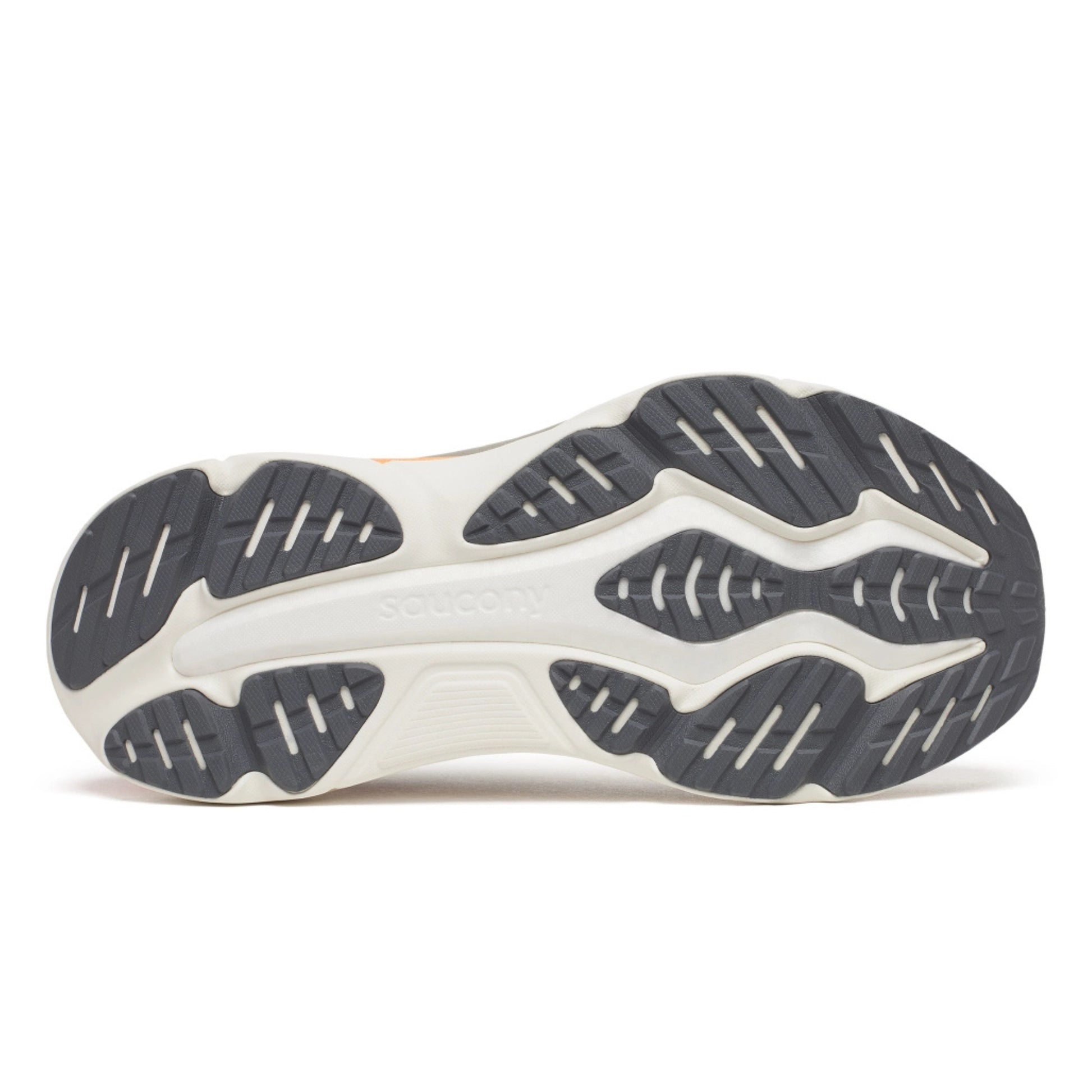 Close-up of a Saucony running shoe sole with tread pattern on a white background