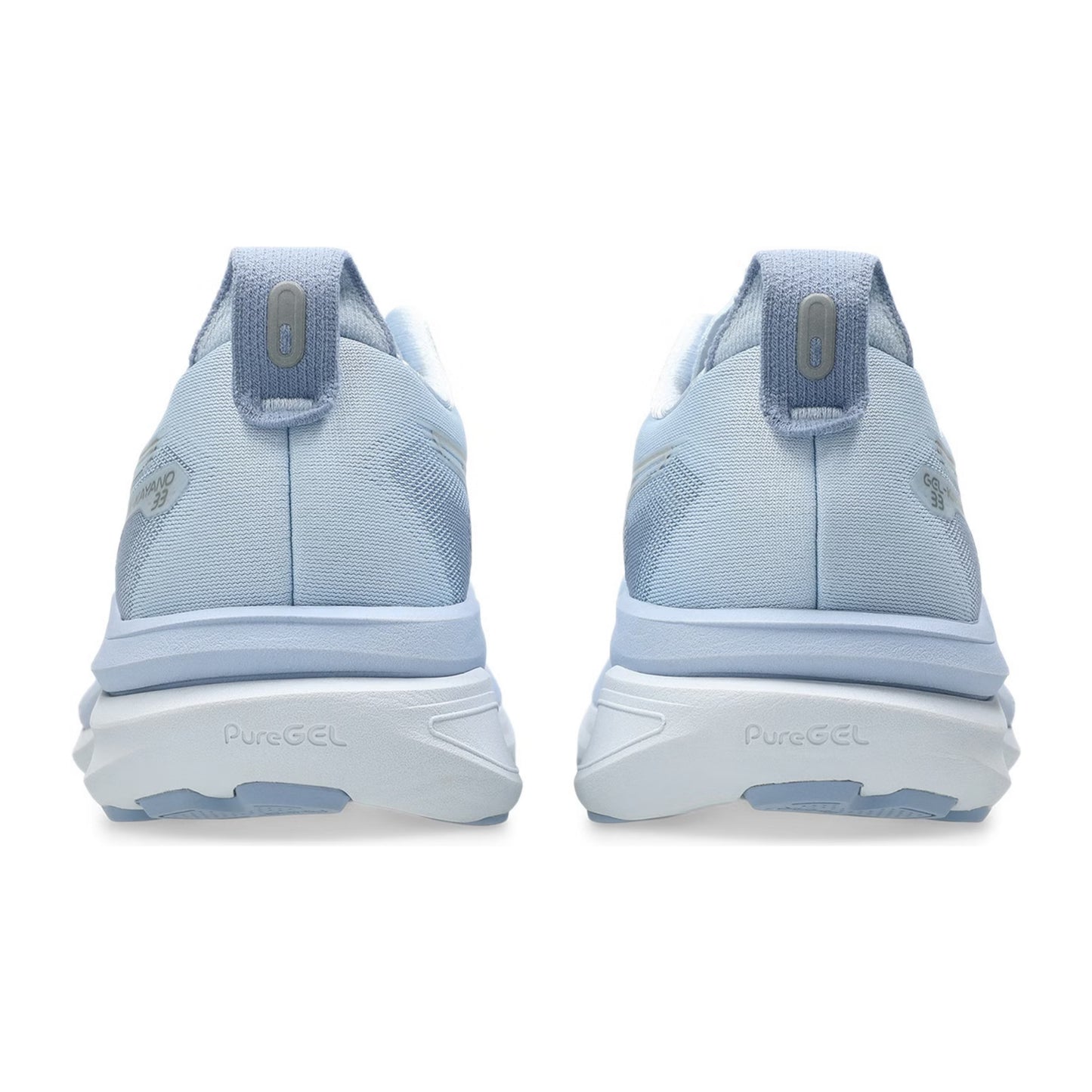 Light blue Asics running shoes with 'PureGel' branding on a white background