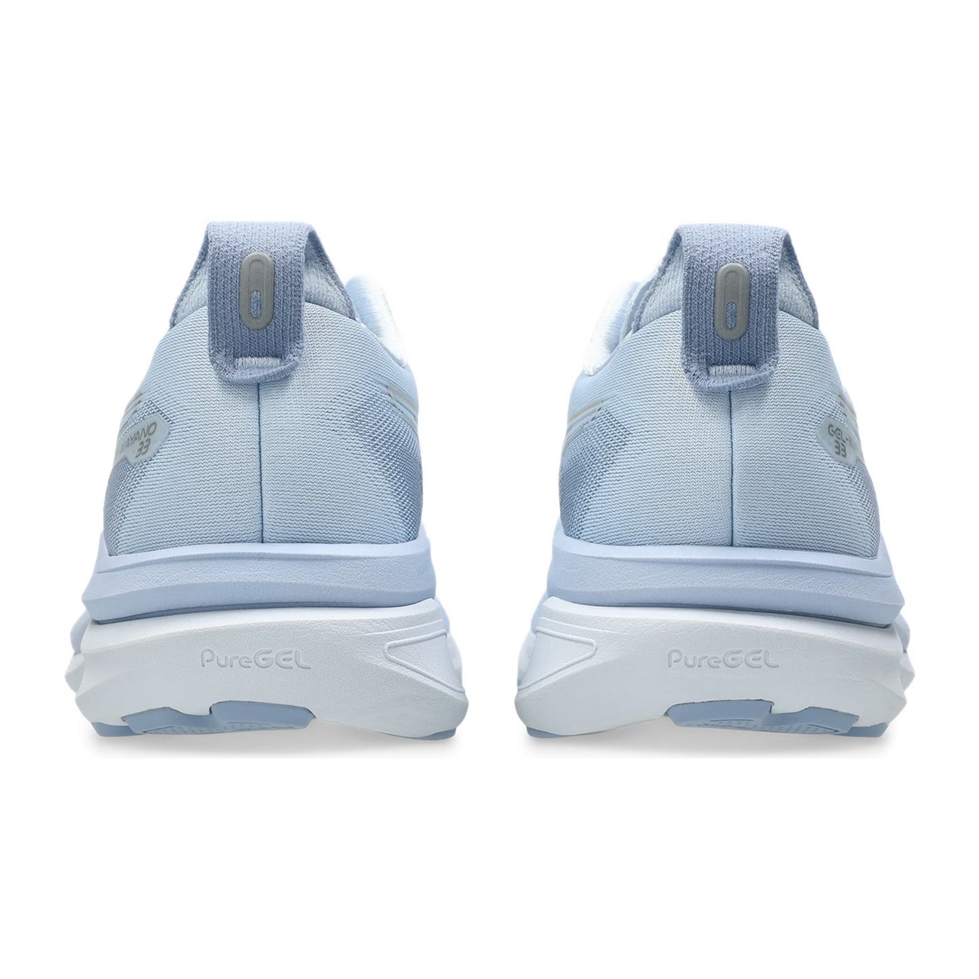 Light blue Asics running shoes with 'PureGel' branding on a white background