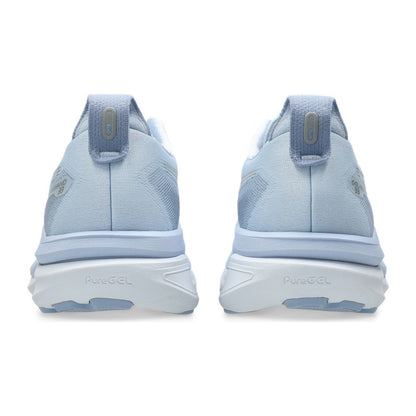 Light blue Asics running shoes with 'PureGel' branding on a white background
