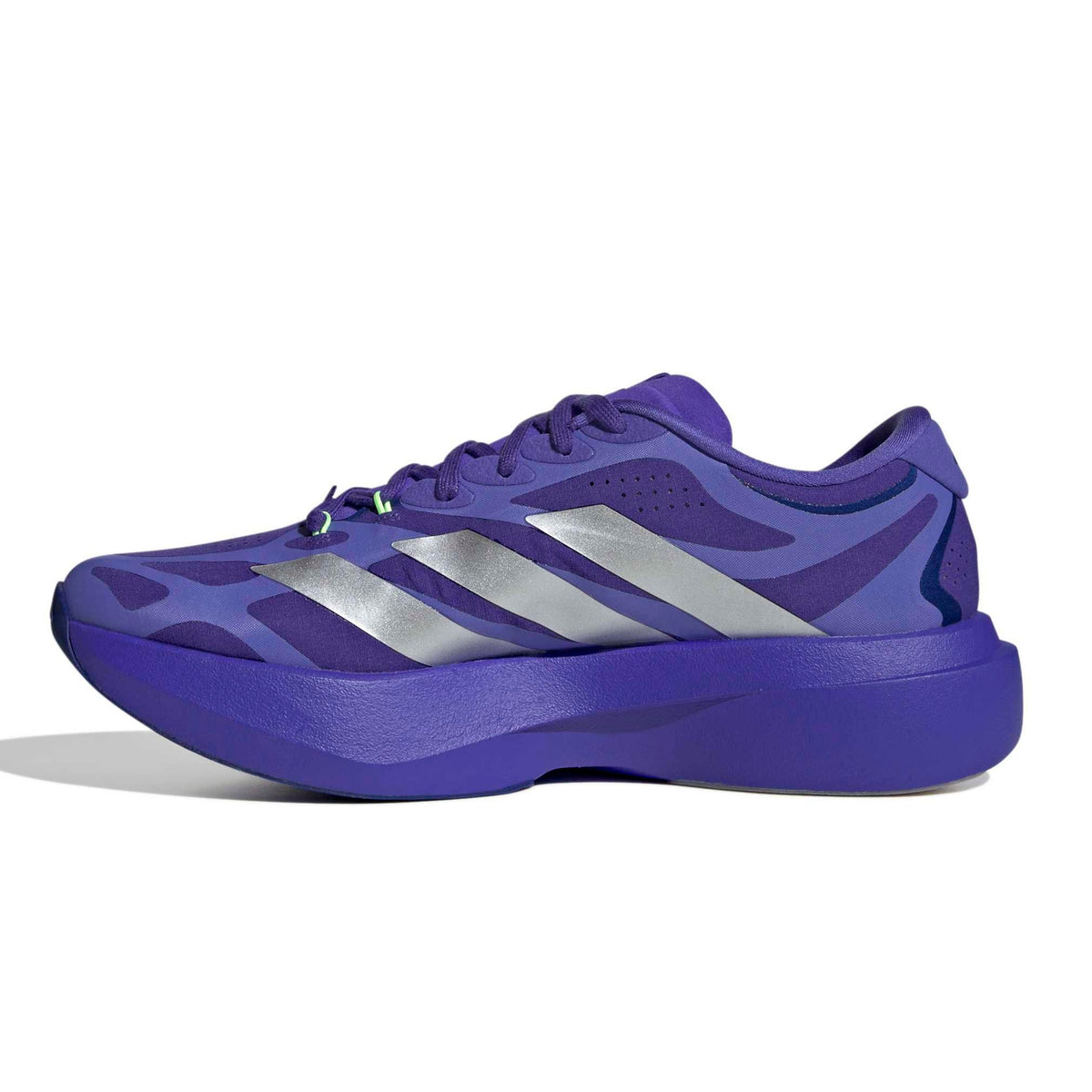 A single Adidas running shoe in blue with metallic silver stripes, shown from a side profile on a white background.