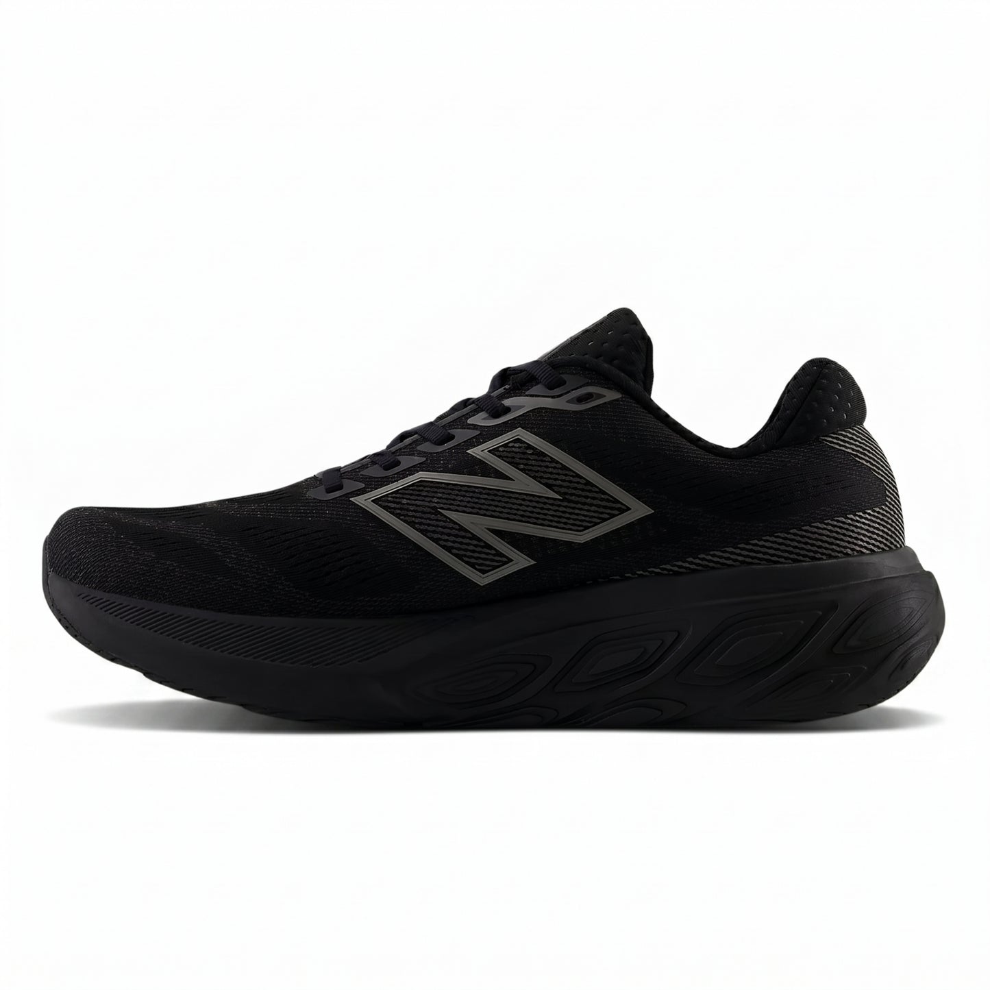 Black New Balance running with unique sole design on a white background