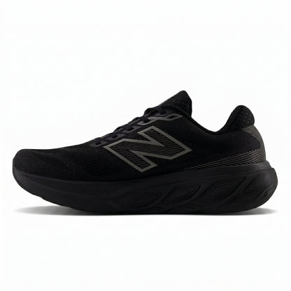 Black New Balance running with unique sole design on a white background