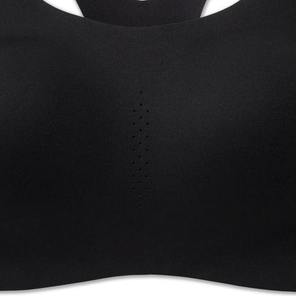 Close-up of a black sports bra or bralette showing the smooth fabric texture, a central perforated ventilation stripe, and the curved neckline against a white background.