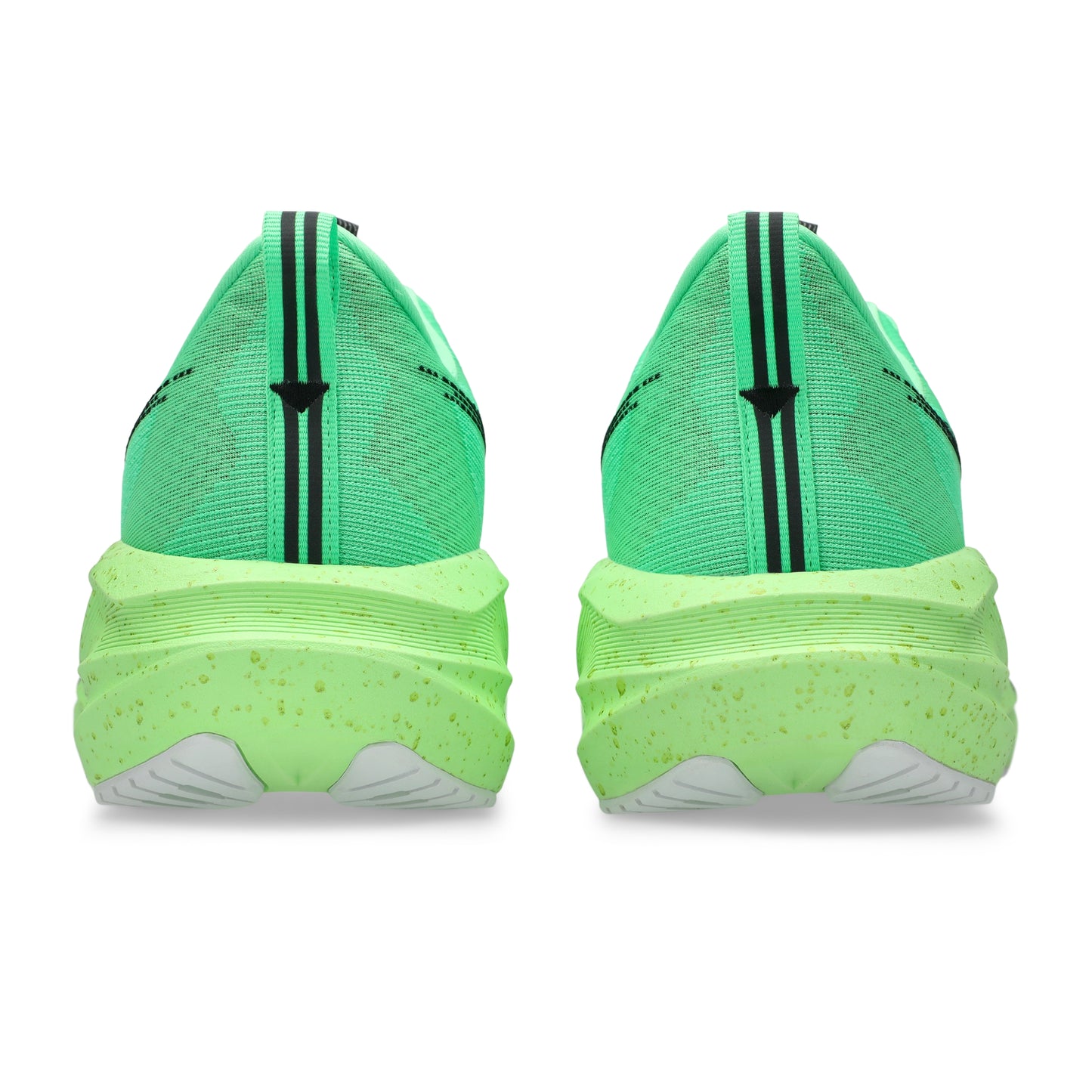 Green Asics running shoes with a white sole on a white background