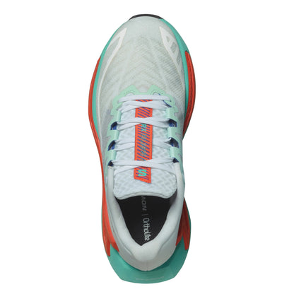 White Salomon running shoe with red and green accents on a white background