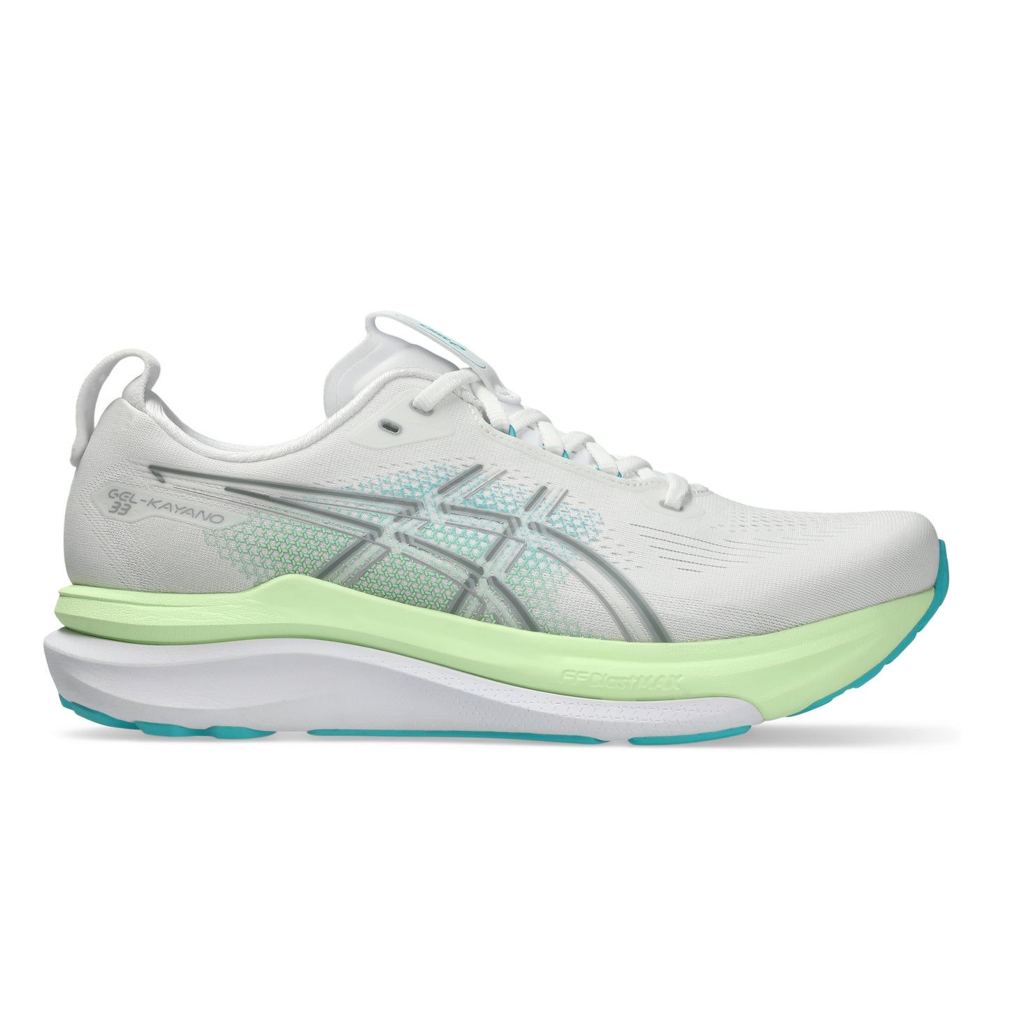 White Asics running shoe with green sole on a white background