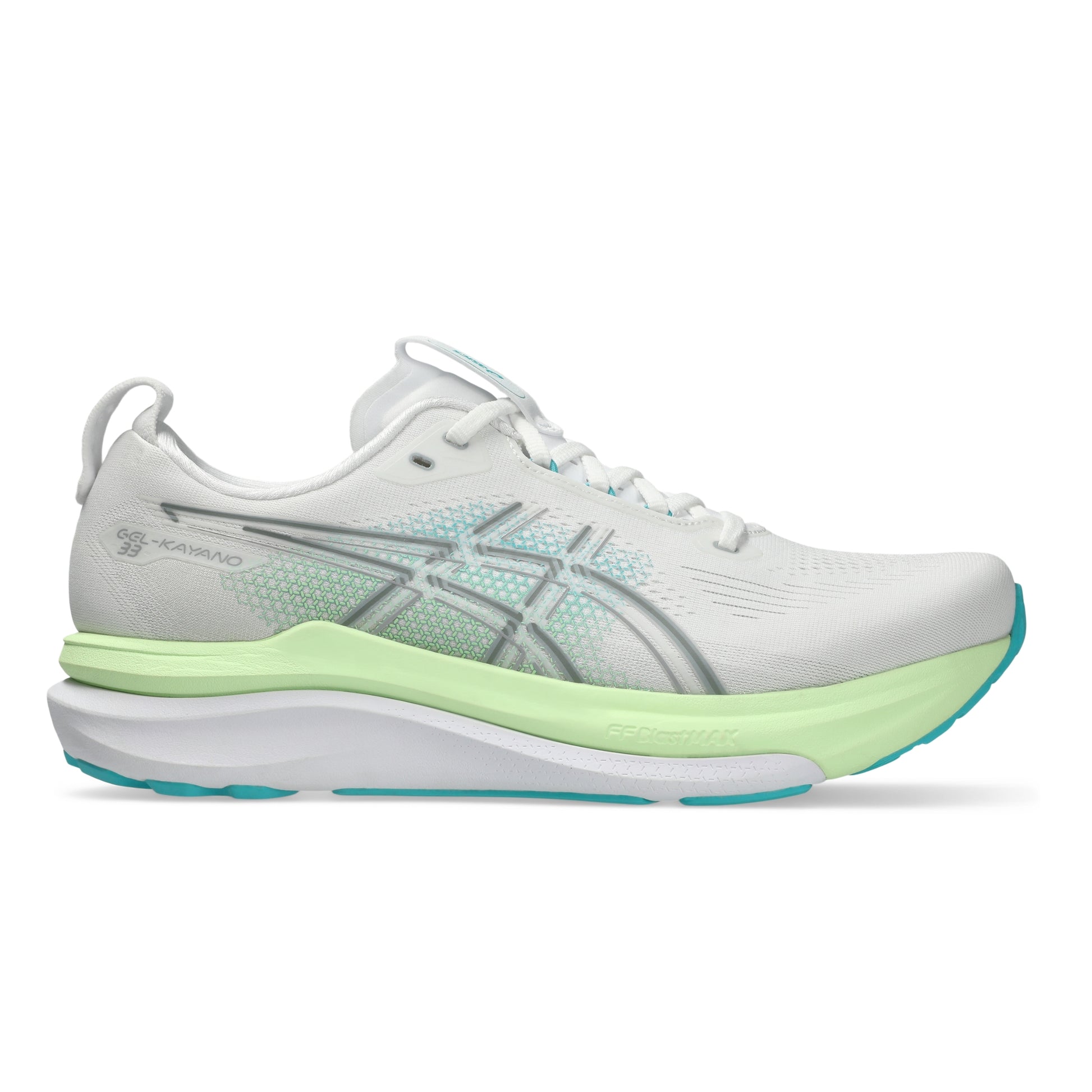 White Asics running shoe with green sole on a white background