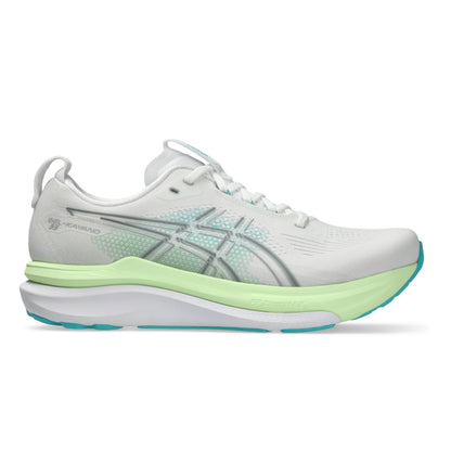 White Asics running shoe with green sole on a white background
