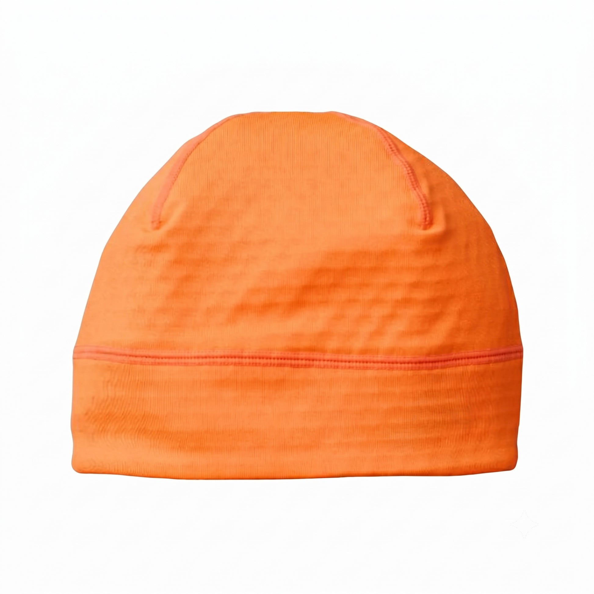 Orange beanie with a black logo on a white background