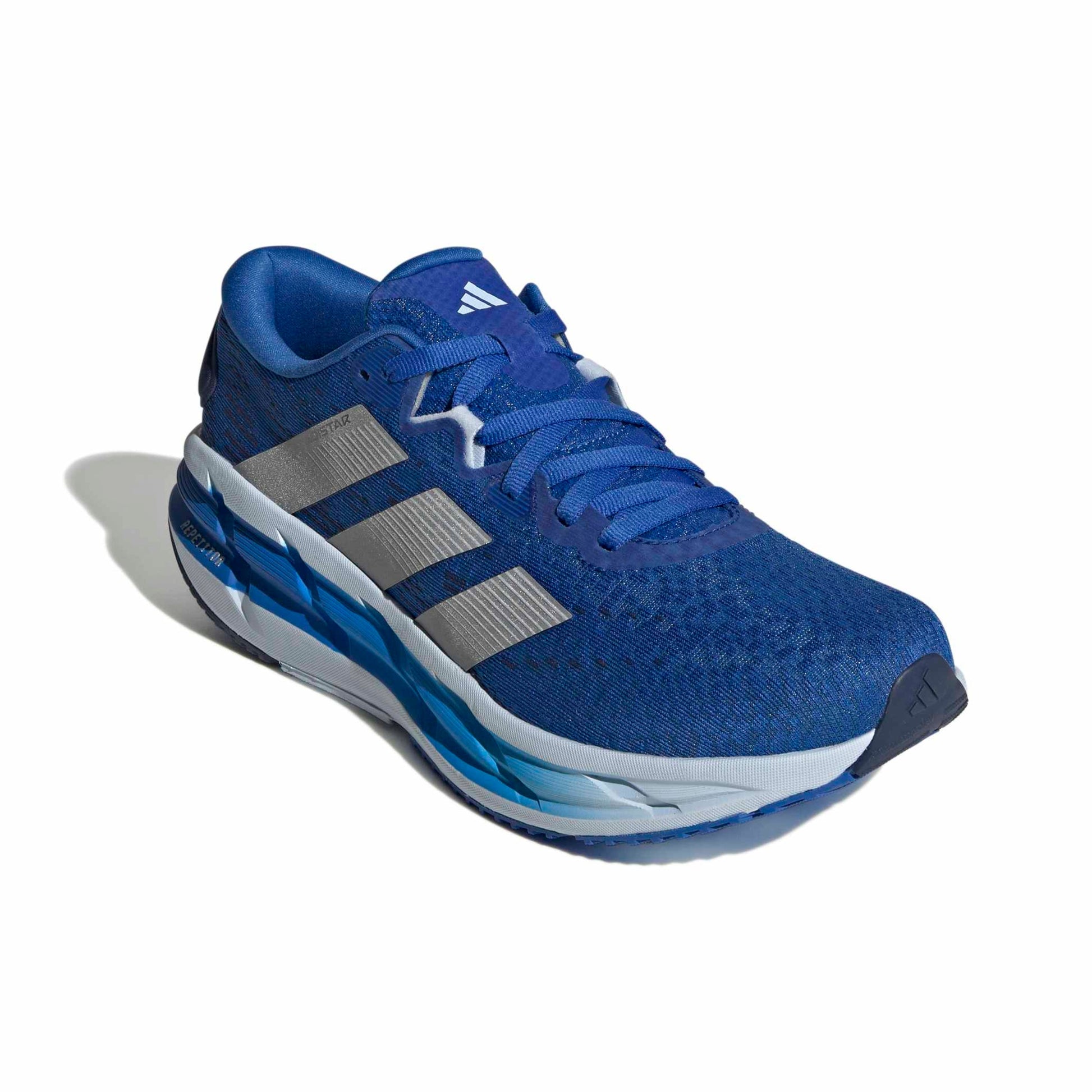 Blue running shoe with adidas logo on a white background