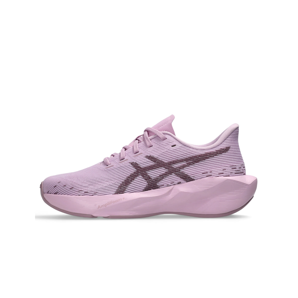 A single Asics running shoe in light pink with a dark brown logo on the side, shown in profile against a plain white background.