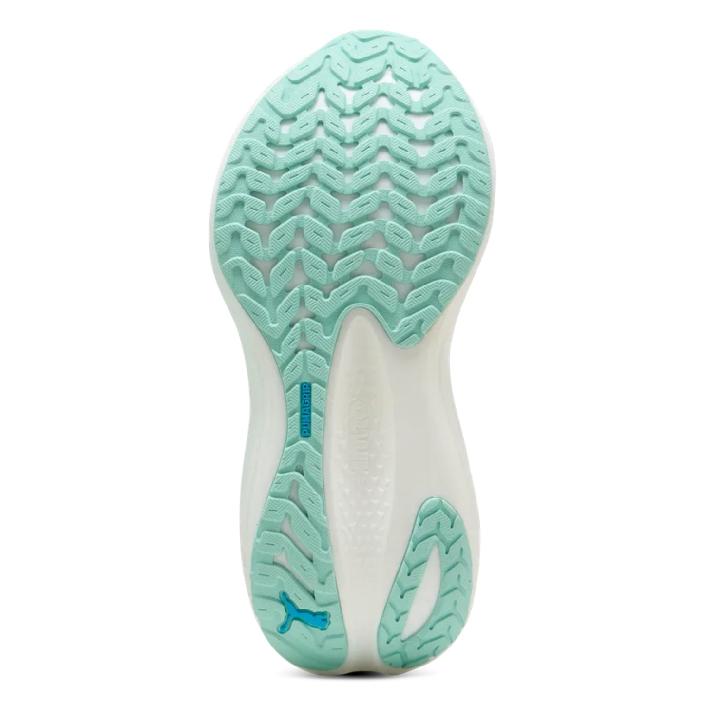 Close-up of a mint green shoe sole with a textured pattern on a white background