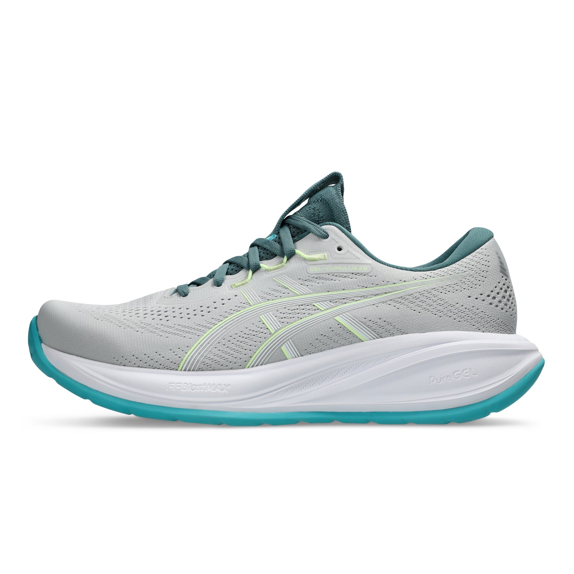 Gray Asics running shoe with teal accents on a white background