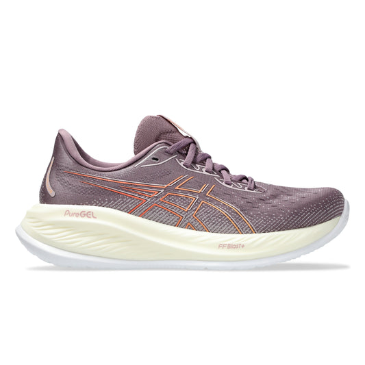 Purple running shoe with orange accents on a white background