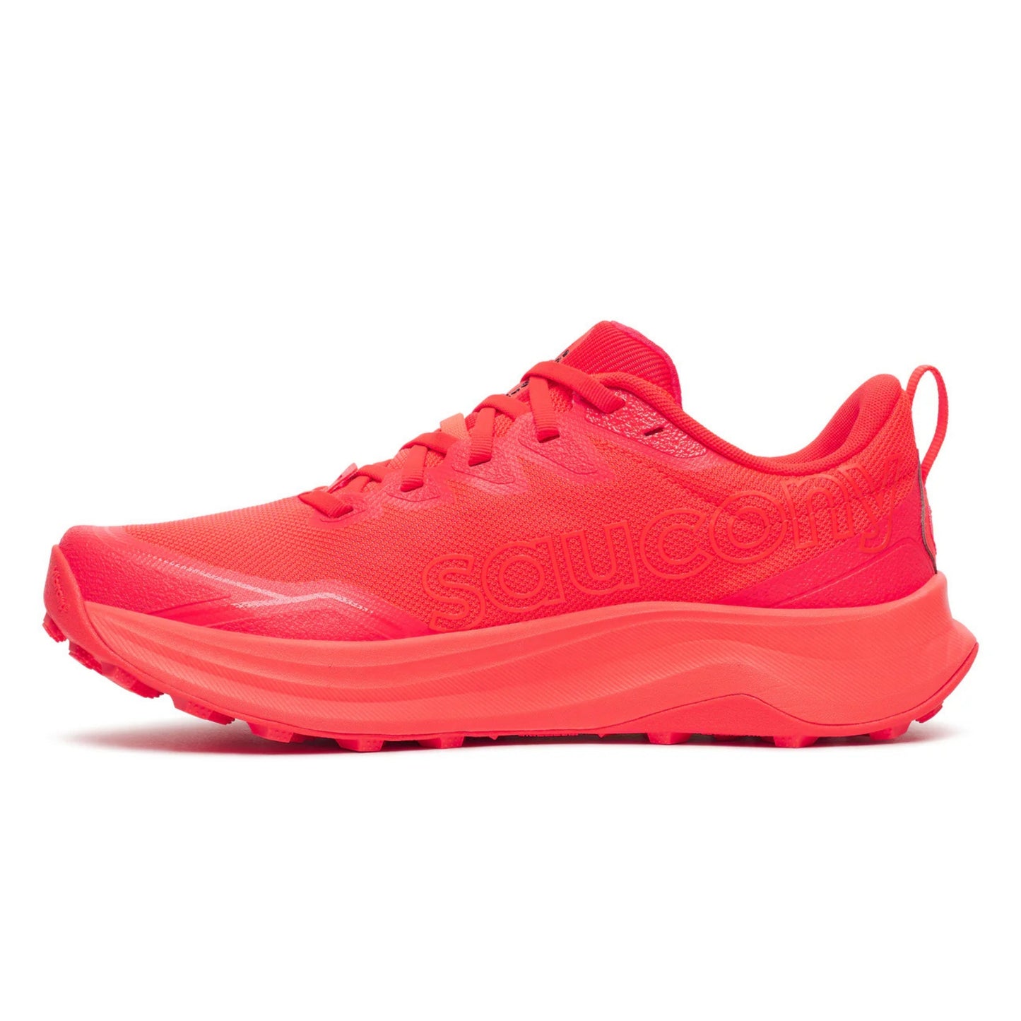 Bright red running shoe with 'Saucony' branding on a white background