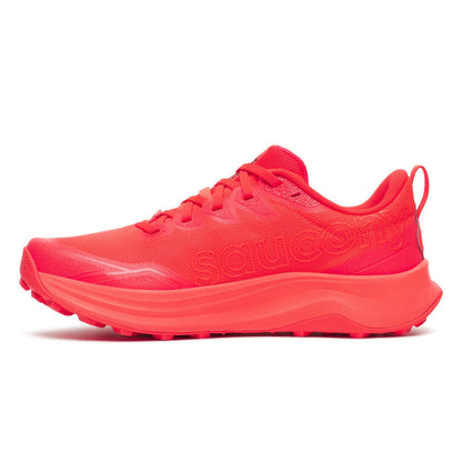 Bright red running shoe with 'Saucony' branding on a white background