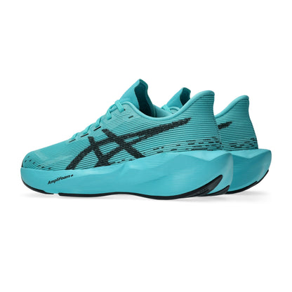 A pair of ASICS running shoes in a vibrant turquoise blue with black accents, including the signature ASICS tiger stripe logo and 'Hyperflex' text on the midsole, shown against a plain white background.