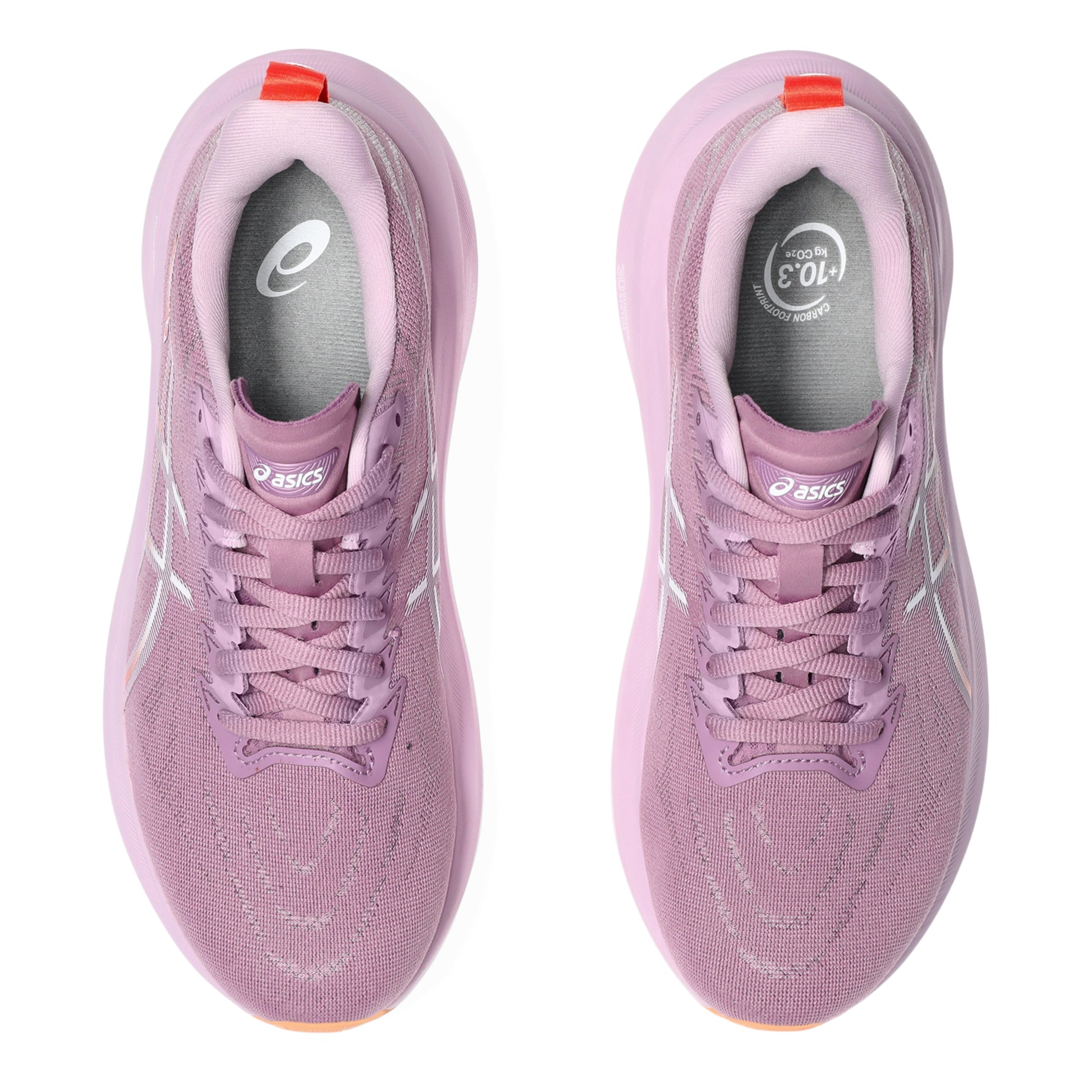 Pair of ube running shoes with Asics logo on a white background