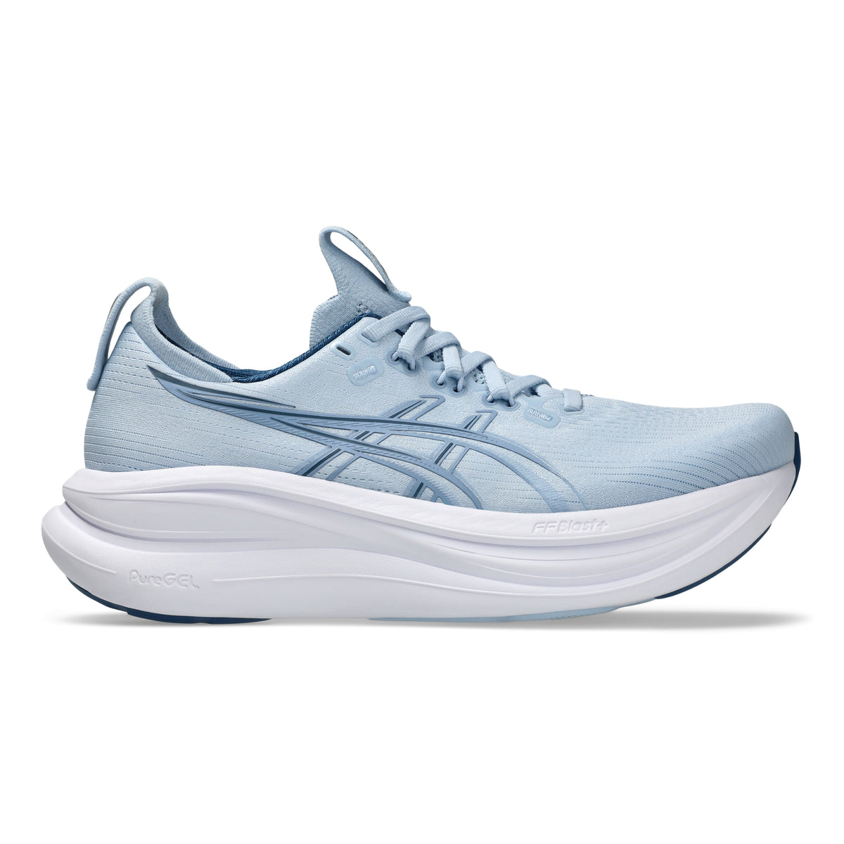 A light blue and white ASICS running shoe shown from the side profile against a clean white background.