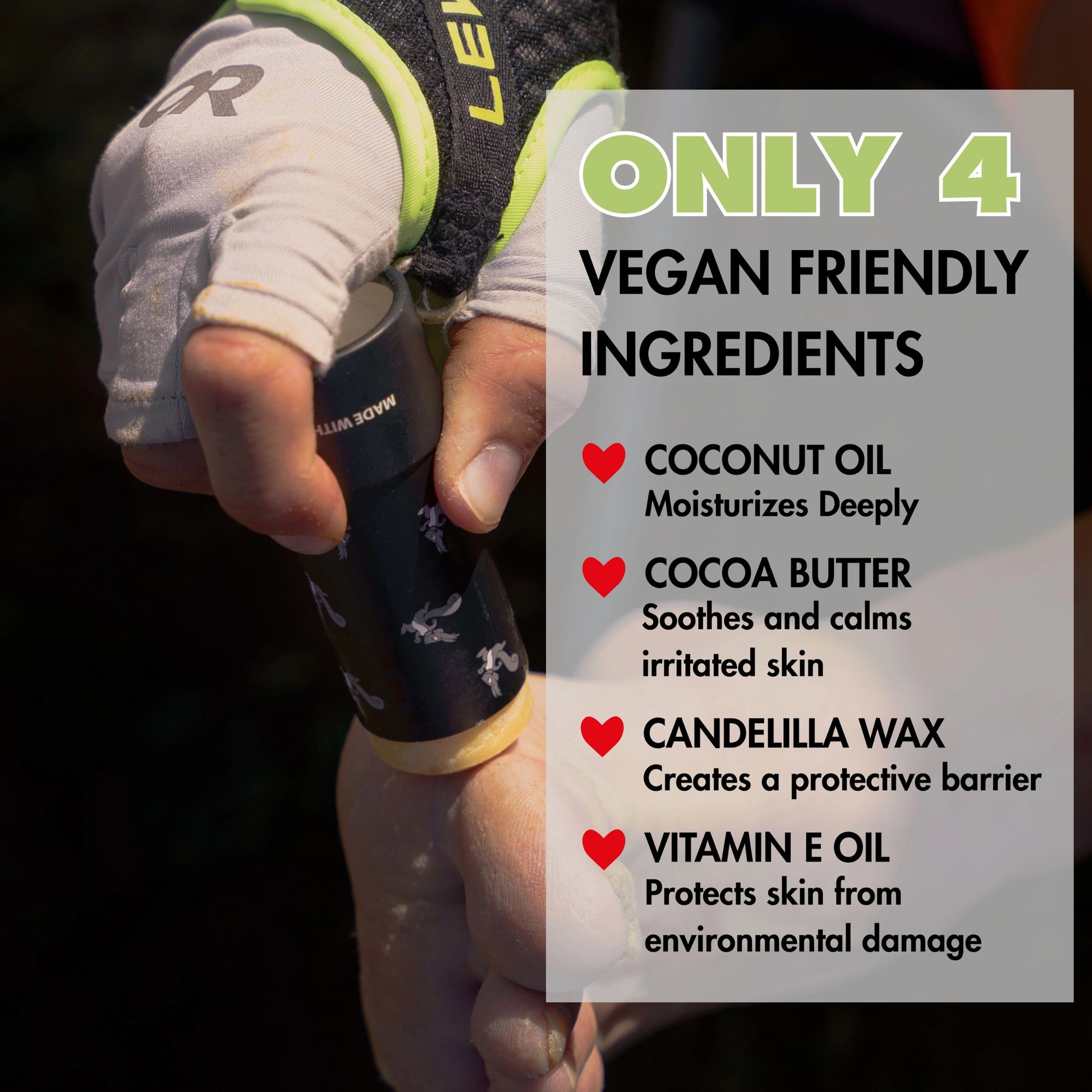 Hand holding a skincare product with text about vegan friendly ingredients