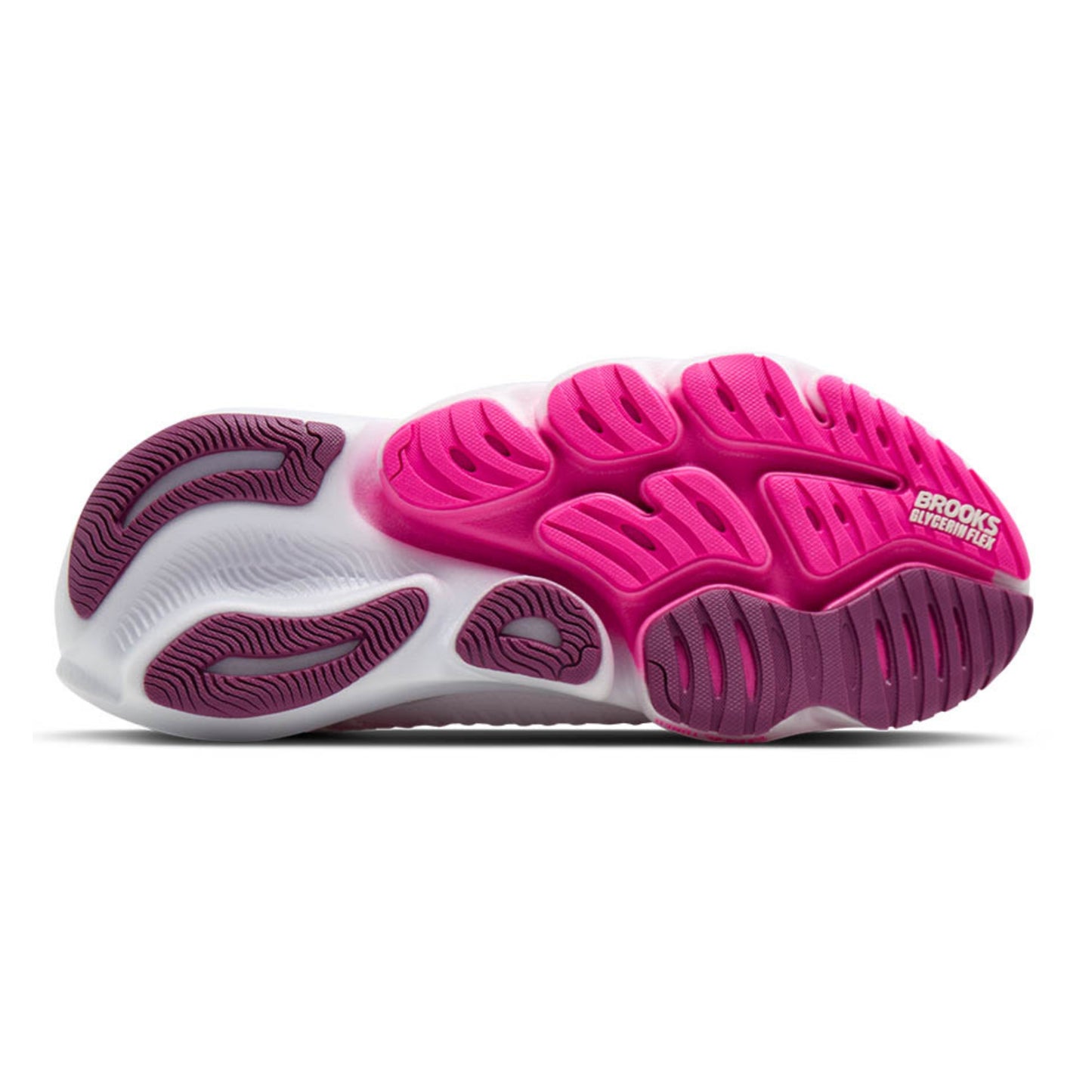 Sole of a Brooks running shoe with pink and purple sole pattern on a white background