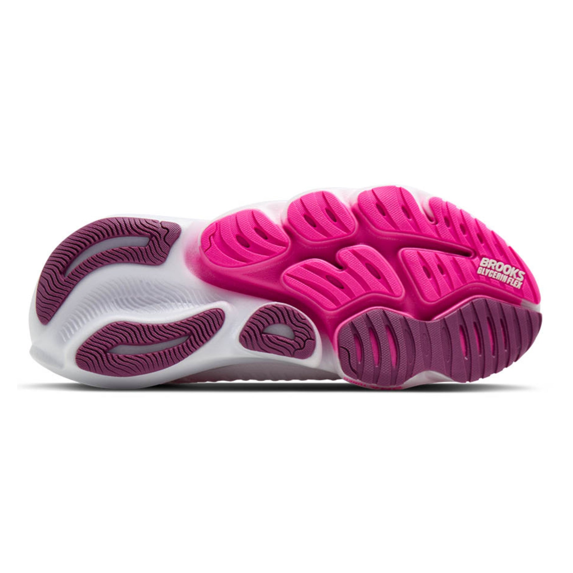 Sole of a Brooks running shoe with pink and purple sole pattern on a white background