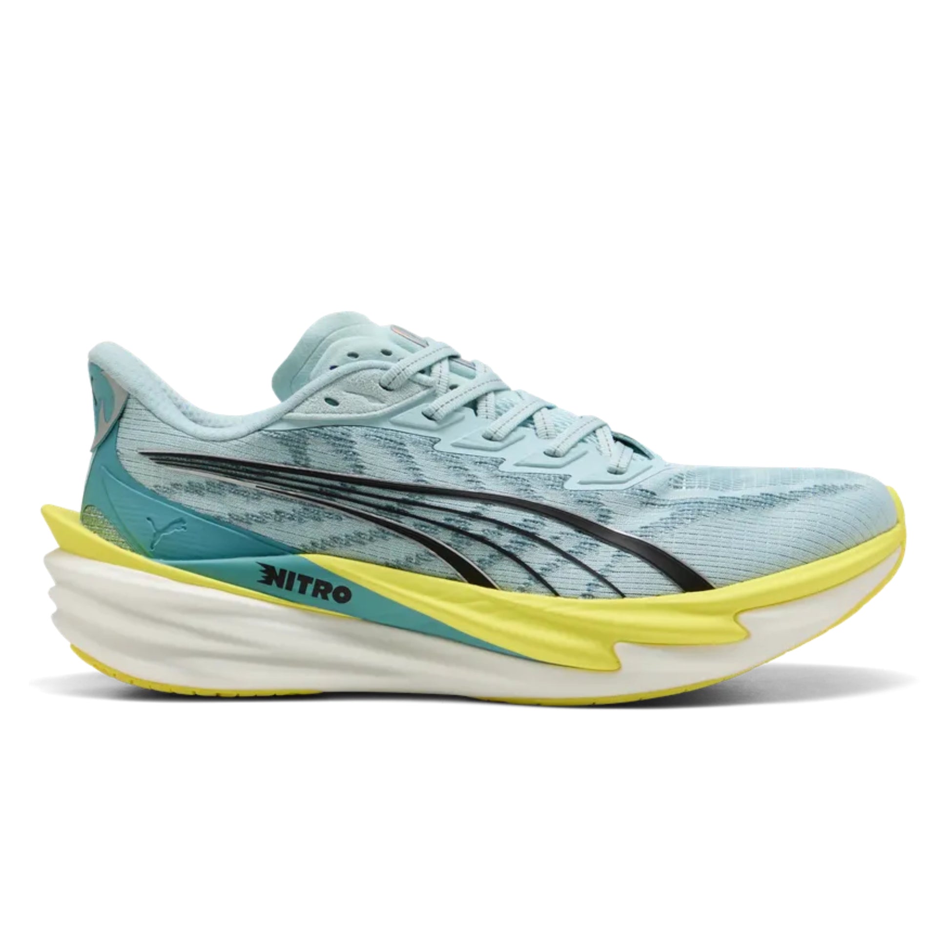 Light blue Puma running shoe with yellow accents on a white background