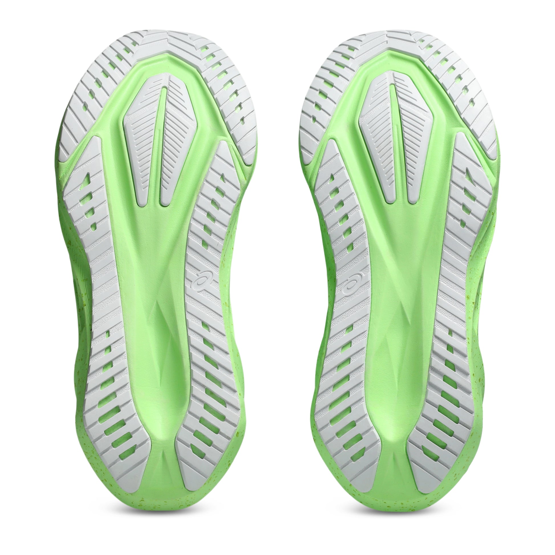 Green and white Asics shoe sole on a white background