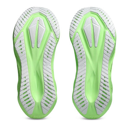 Green and white Asics shoe sole on a white background