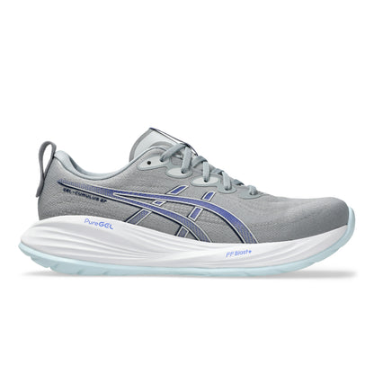 Black Asics running shoe with white sole on a light gray background
