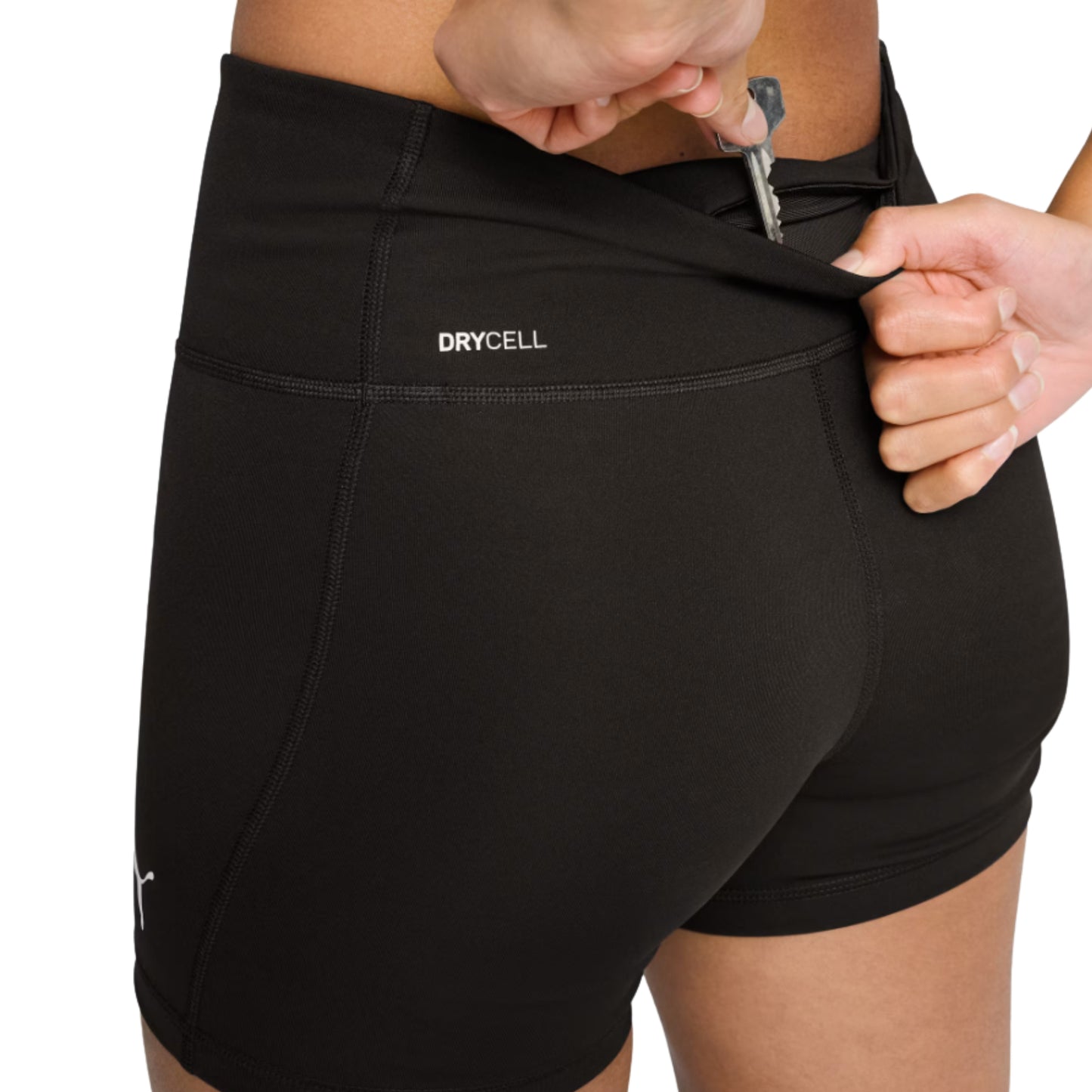 Black Puma tights with 'Drycell' branding on a white background