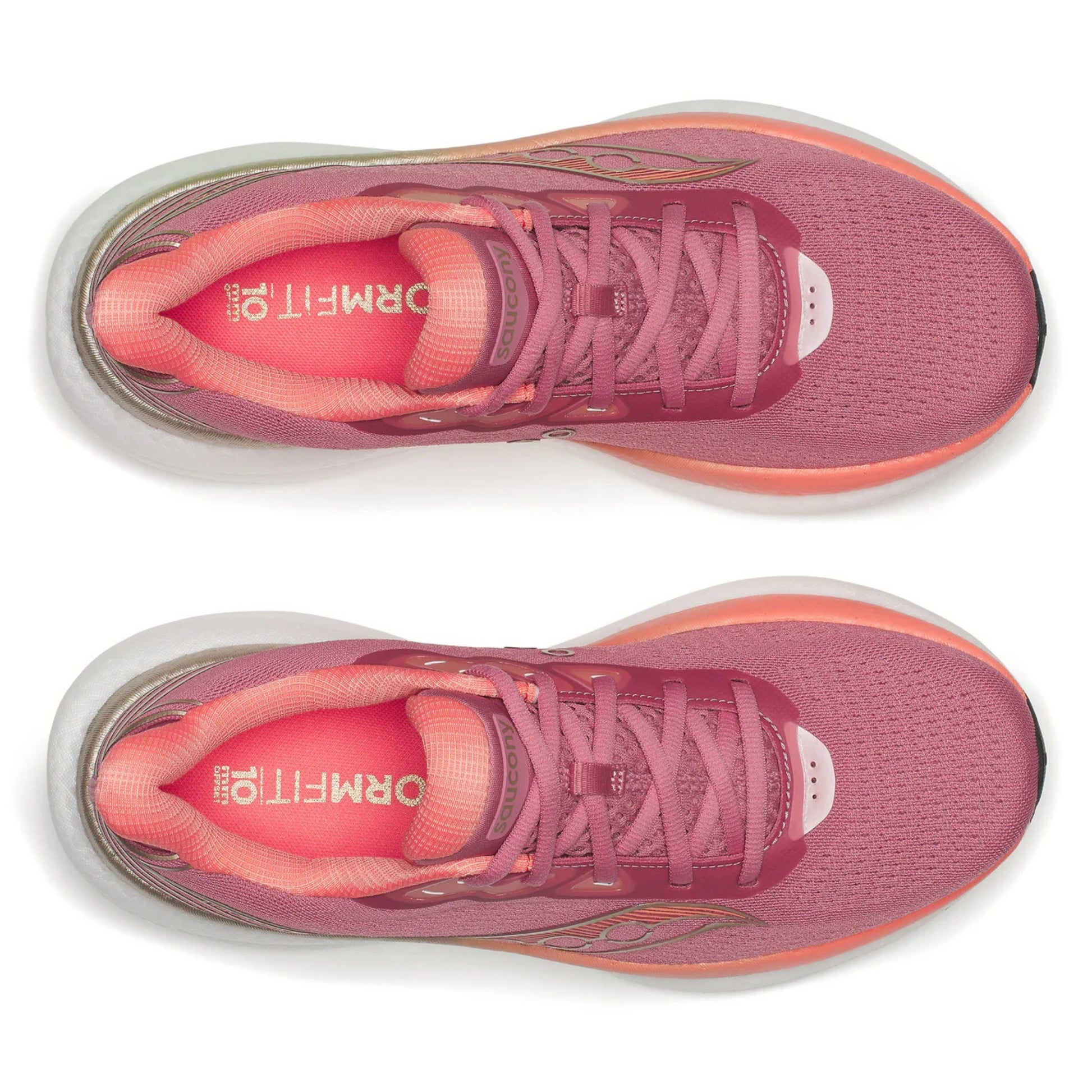 Pink Saucony running shoes with a white sole on a white background