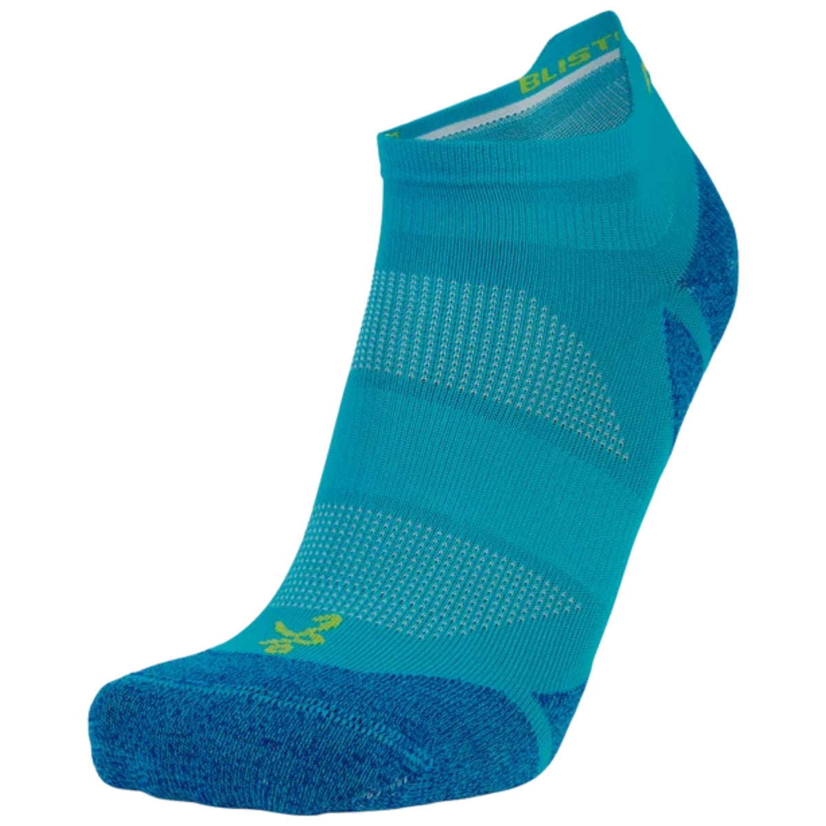 A single low-cut athletic sock in a bright teal color with blue heel and toe sections, featuring a lime green stylized logo near the foot and the brand name 'BLISTER' printed on the collar, set against a plain white background.