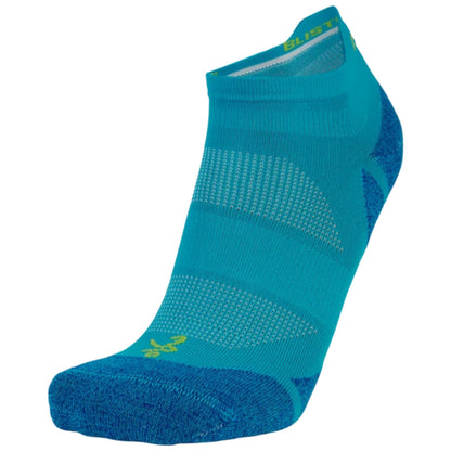 A single low-cut athletic sock in a bright teal color with blue heel and toe sections, featuring a lime green stylized logo near the foot and the brand name 'BLISTER' printed on the collar, set against a plain white background.
