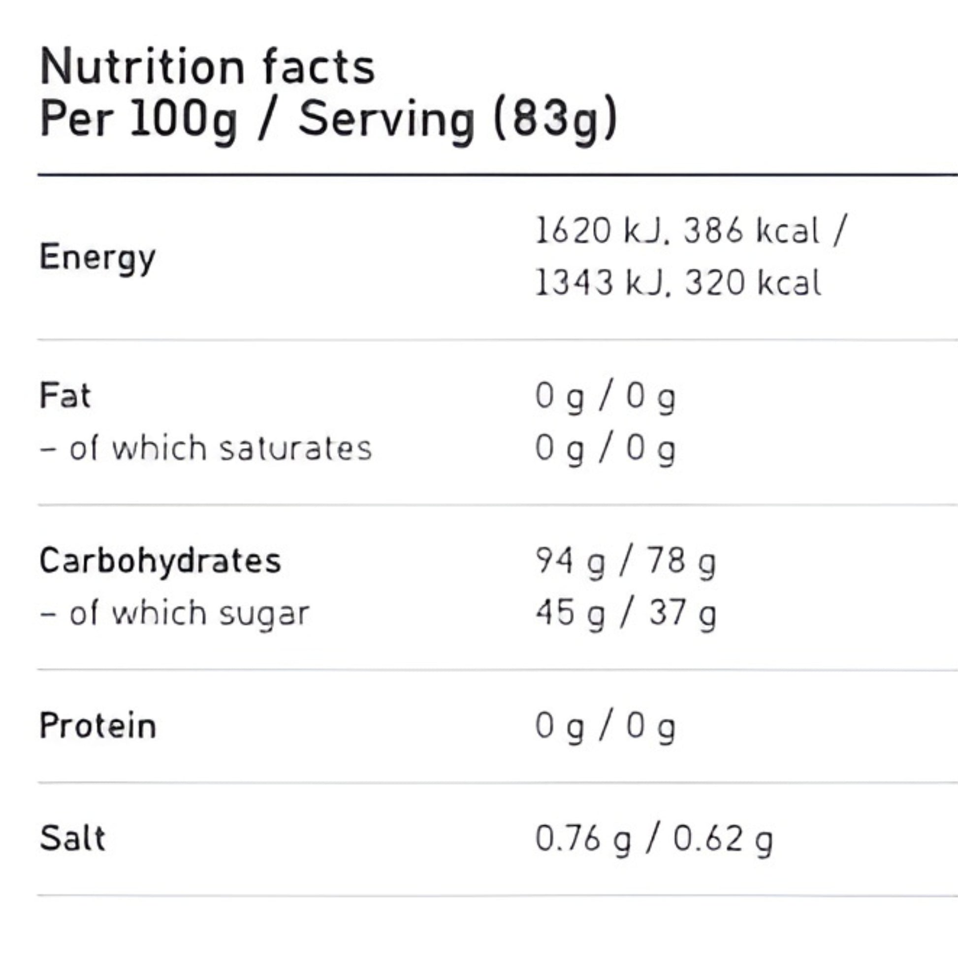 Nutrition facts label for a food product with energy, fat, carbohydrates, protein, and salt content per 100g and serving size.