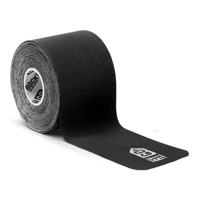 Roll of black kinesiology tape with brand logo on a white background
