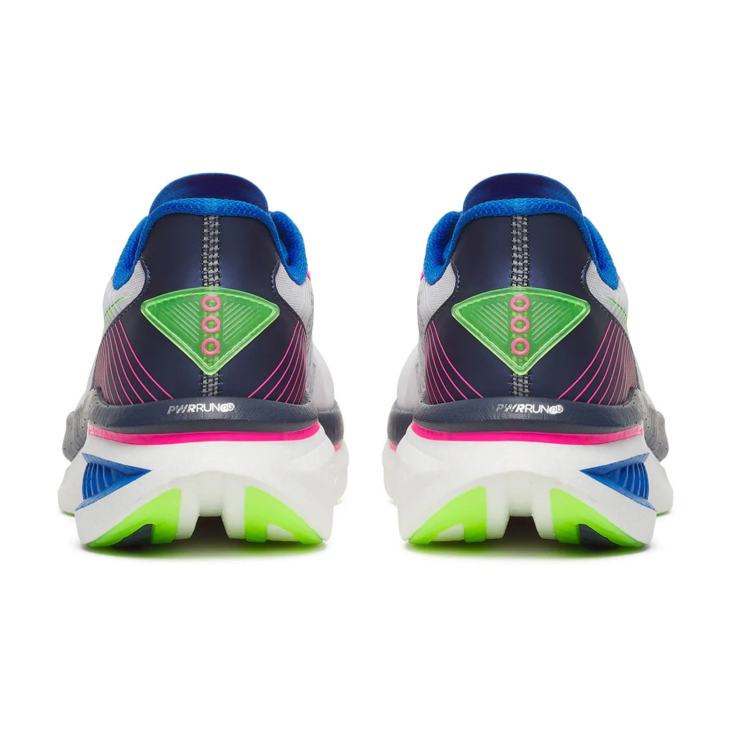 Back view of a pair of Saucony running shoes with colorful sole design on a white background