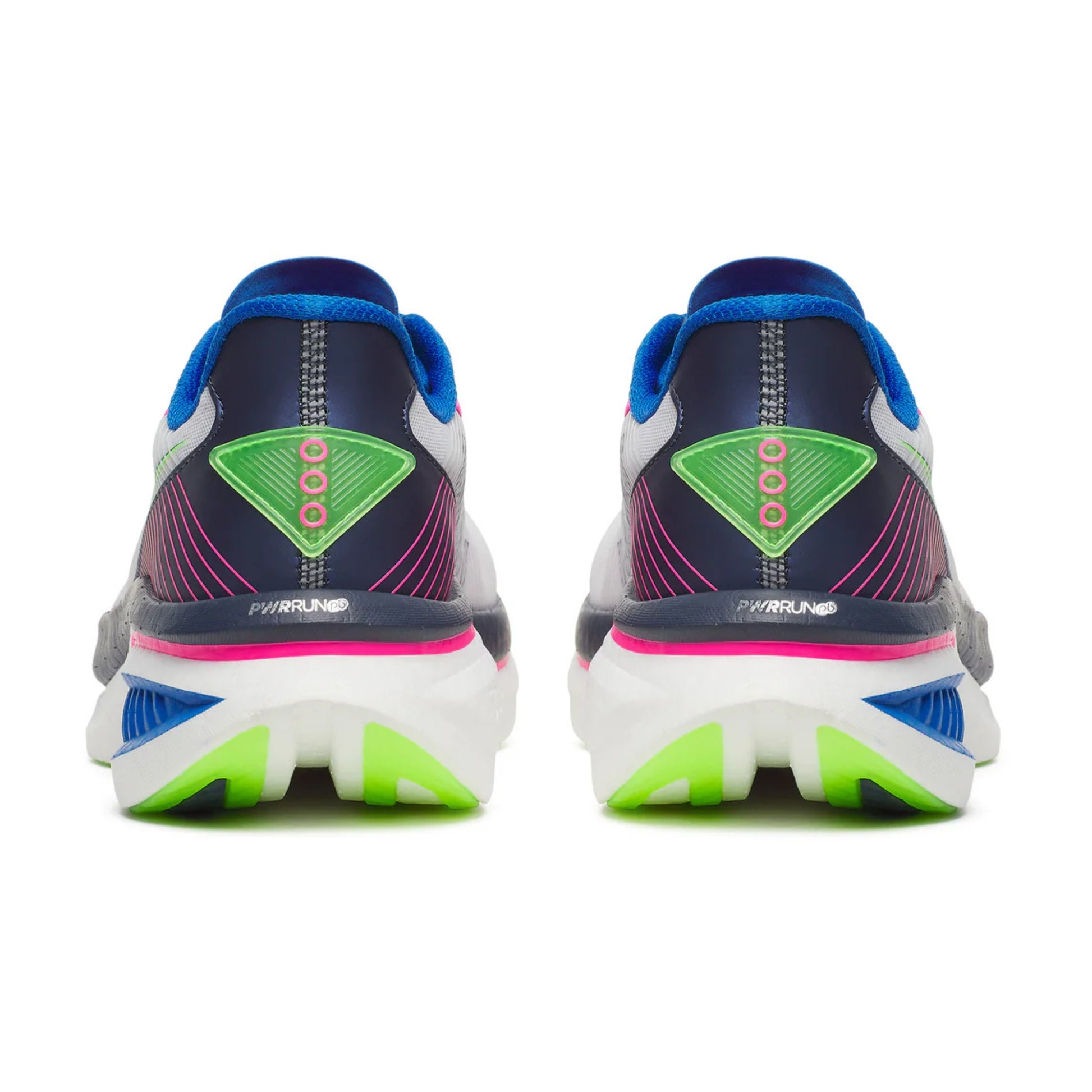 Back view of a pair of Saucony running shoes with colorful sole design on a white background